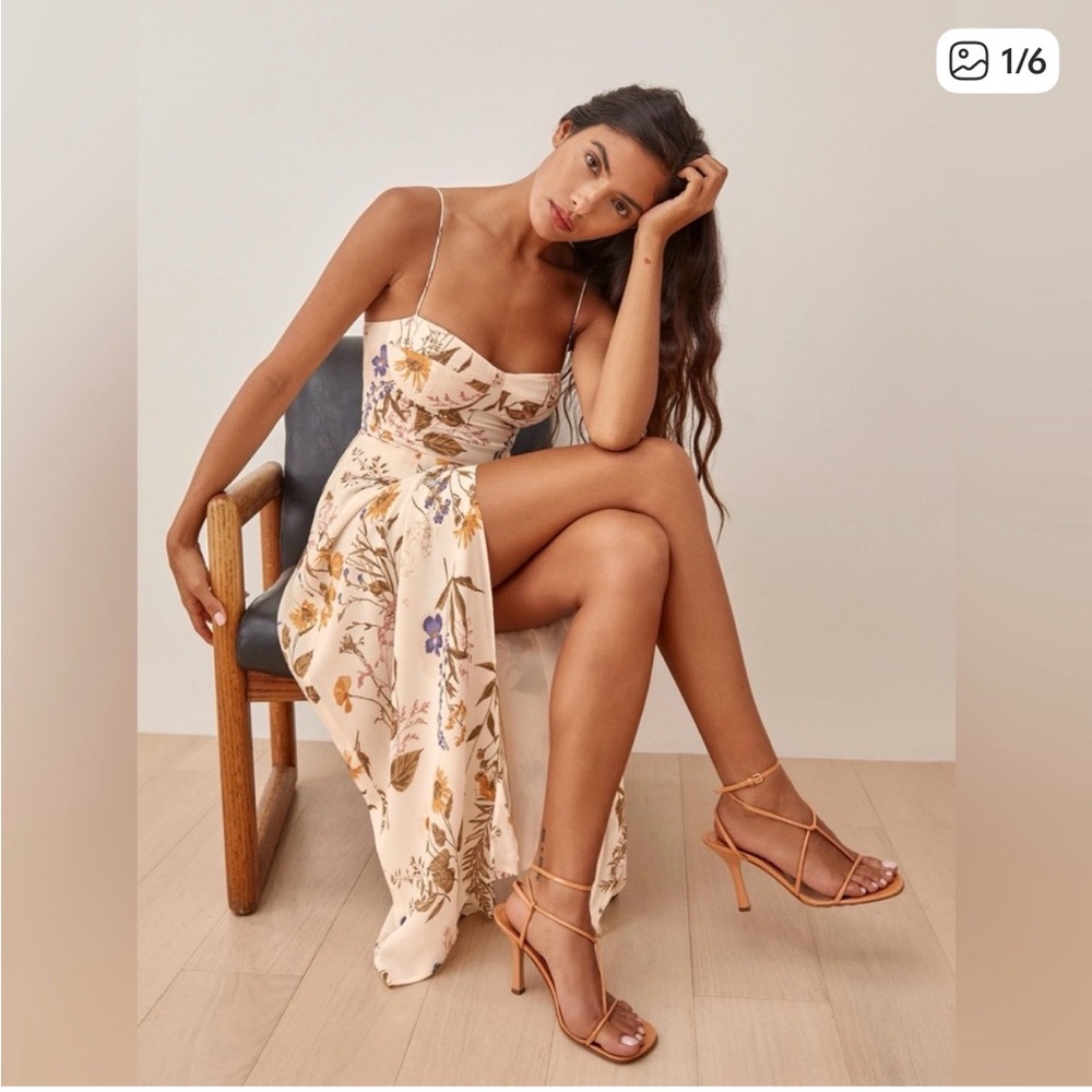 Reformation Cream Floral Maxi Dress with Purple & Gold Details